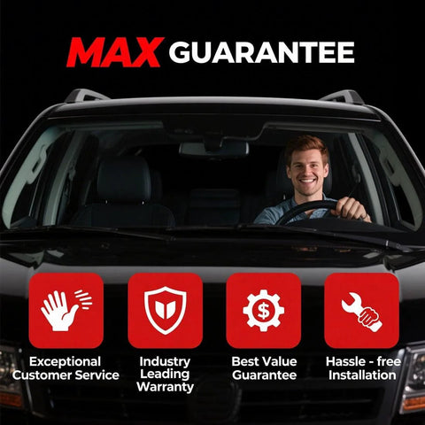 Driver smiling inside car highlighting Max Guarantee with service icons displayed below.