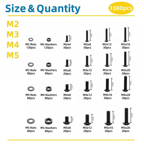 Dope Hex Socket Cap Screw Kit M2 M3 M4 M5 With Wrench, Durable Metal Fasteners, Precise Threads, Handy Assortment For DIY Projects, Home Repairs, And Small Machinery, Easy To Identify Sizes And Build Solid Joints. size chart with M2-M5 screws, nuts, and washers