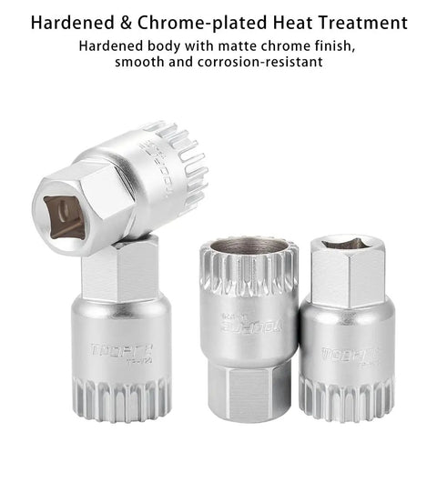 20 Tooth Bottom Bracket Removal Tool Kit With Anti Drop Fixing Rod Compatible With Shimano Octalink ISIS Truvativ Race Face And FSA BB Systems Pro Grade Heavy Duty 304 Stainless Steel Bike BB Tool For Easy Removal And Installation. Chrome-plated tool kit with three parts, features heat-treated finish.