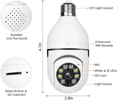 2 Pack Light Bulb Security Camera With Dual Band 2.4G And 5G WiFi, 1080P E27 socket, front view showing lens, LEDs, and features.