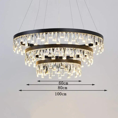 Modern Crystal Chandelier Featuring Slick Aluminum Build and Dazzling LED Glow with three tiers of crystals, 100cm wide.
