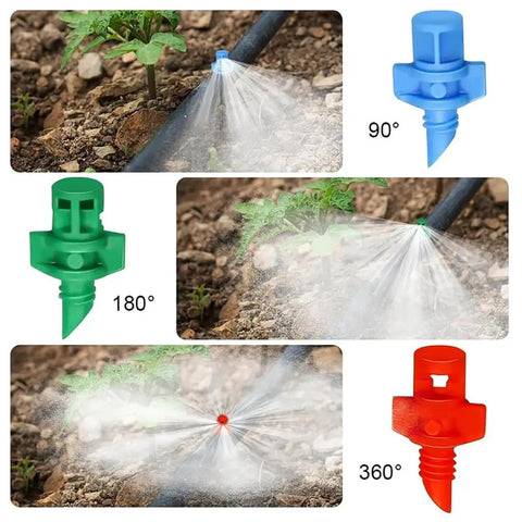 Image of 150 Piece Drip Irrigation Emitter Set with Drill Tool Micro Sprinklers 90 180 360 Degree Nozzles for garden irrigation.