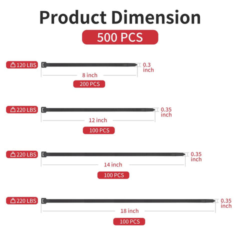 Heavy Duty Zip Ties 500 Pack Black Cable Ties In 8, 12, 14, 18 Inch Sizes, Ultra Strong 220 Lb Tensile Strength, Industrial Tie Wrap