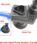 Detailed view of a battery holder and pump body from a Paintless Dent Repair Kit For Cars And Motorcycles With LED Detection Light Panel And 3 Strip Board Lamp Auto Body Repair Tools, Night Vision Ready Dent Removal, Easy Fix For Dents, No Paint Needed on a three-inch hand pump suction cup base with annotations for battery holder, pump body, and deflation twist.