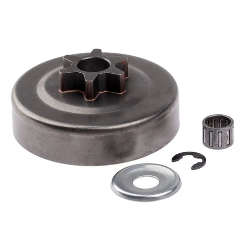 Three Eighths Inch Six Tooth Clutch Drum Sprocket Kit With Washer And E Clip for Quick Chainsaw Repairs Durable Iron Construction Easy Fit