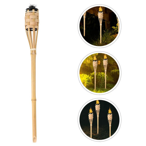 Natural Bamboo Tiki Torch Outdoor Set 2 Pack With Decorative Woven Design For Backyard Vibes And Garden Lighting Outdoor Parties Weddings Festivals Eco Friendly Oil Lamps. Features tall bamboo design and woven top.