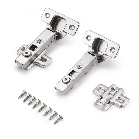Quick Fix Clip On Full Overlay Cabinet Hinges with mounting screws; stainless steel for frameless furniture, 105 degree action.