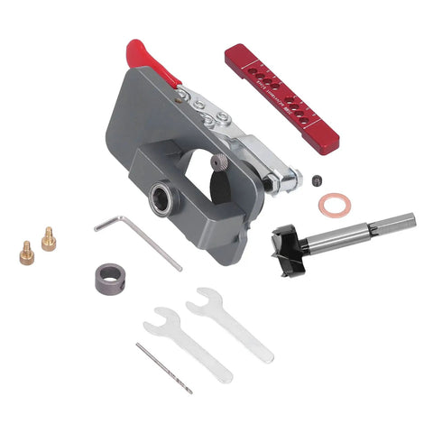 Top Notch Aluminum Alloy Hinge Hole Locator Jig For 35mm Cup Holes With Adjustable Drilling Positioner Tool components on a white background.