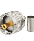 Close-up of a PL259 UHF Male Crimp Connector with brass pin and nickel-plated body for RG58 LMR195 cables, 50 Ohm, 3 GHz frequency.