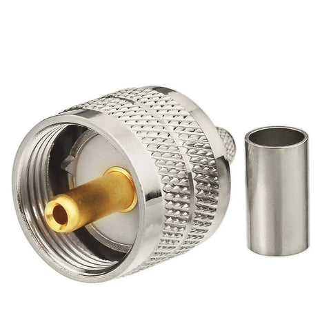 Close-up of a PL259 UHF Male Crimp Connector with brass pin and nickel-plated body for RG58 LMR195 cables, 50 Ohm, 3 GHz frequency.