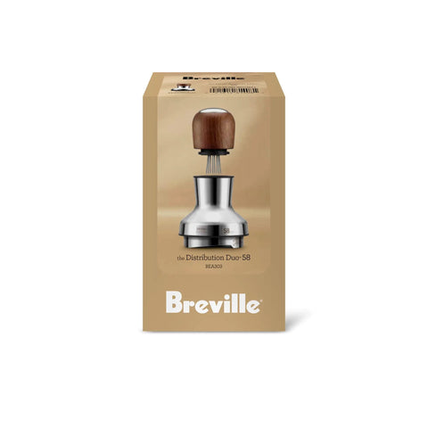 Pro 58 Mm Espresso Powder Distributor With Tough Walnut Handle And Stainless Steel Tines on packaging with Breville branding.