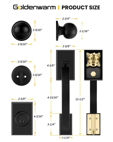 Matte Black Front Door Handle And Deadbolt Set With Reversible Knob showcasing product dimensions for easy install and curb appeal