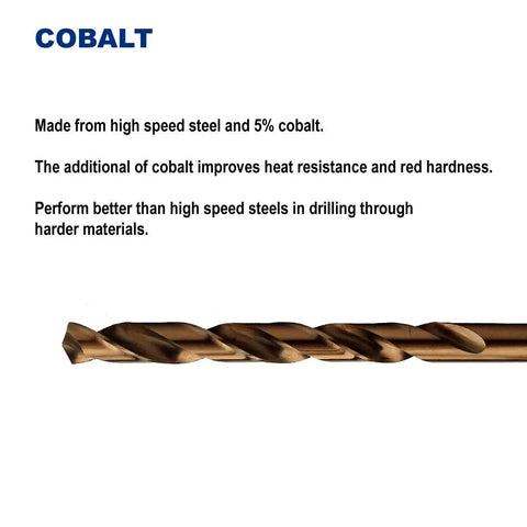 Beefy 1/4 Inch Cobalt Steel M35 Jobber Length Twist Drill Bits For Hard Metal And Stainless Steel Pack Of 12 With 135 Degree Split Point And 3 Flat Shank High Speed Steel With 5 Percent Cobalt For Extreme Heat Resistance, highlighting the drill bit's spiral and material composition.