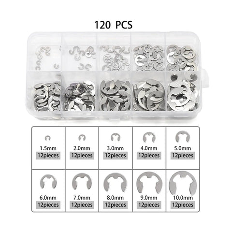 304 Stainless Steel E Clip Washer Assortment Kit For Shaft Circlip Retaining Rings M1.5 To M10 120Pcs display