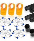 4 Inch Dust Collection Fittings Kit With Connectors Y Fittings 45 Degree Elbows Clog Resistant Blast Gates And 20 Keyed Bridge Stainless Steel Hose Clamps For A Three Machine Setup Woodworking Dust Collection System, includes yellow blast gates, black Y fittings, and stainless steel clamps with blue keys.