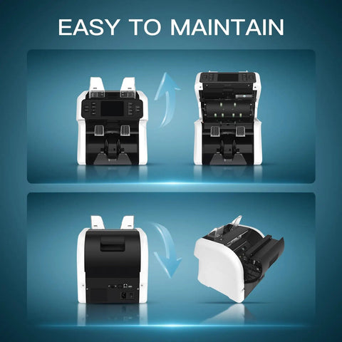 Turbocharged Money Counter Machine With Mixed Denomination Sorting And Reject Pocket, shown open for easy maintenance.