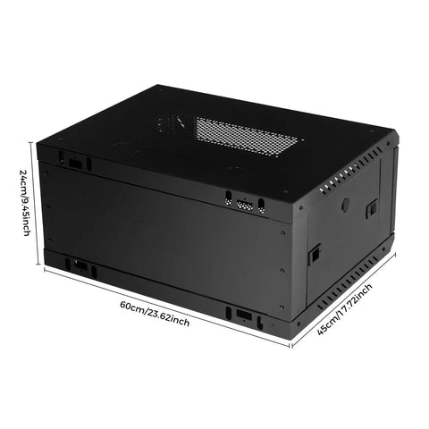 Rock Solid 4U Wall Mount Server Cabinet With Clear Glass Door Network Rack Enclosure showing dimensions, heavy duty steel frame, and rear vents.