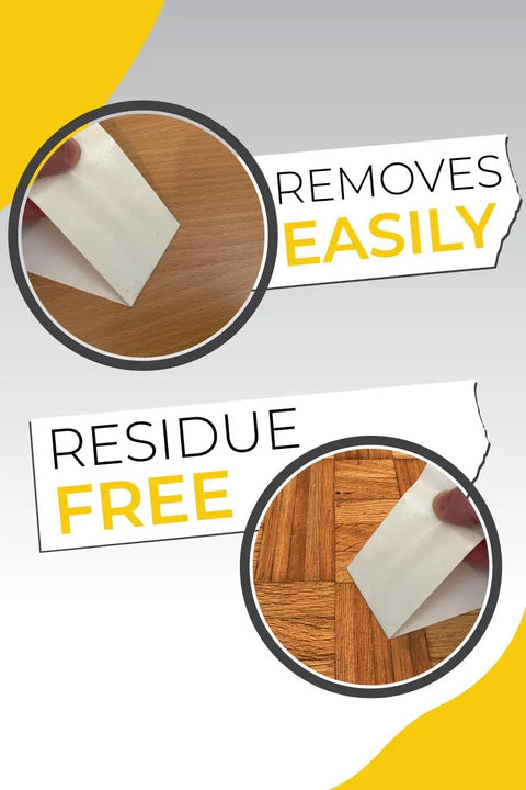 Double Sided Carpet Tape Heavy Duty Rug Gripper For Carpet Hardwood Floors Vinyl Tile And Concrete No Residue Easy Removal 2 By 10 Yards Strong Non Slip Grip For Area Rugs, shown on wood surface, demonstrating easy removal and no residue.