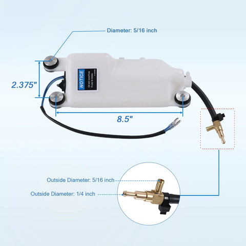 Oil Reservoir Tank Assembly 1200-8M0063190 Replacement For Outboard Marine Engines 8.5x2.375 in dimensions diagram