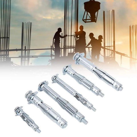 Beefy Heavy Duty Drywall Toggle Bolts Kit 42Pcs M4 To M6 Iron Zinc Toggle Anchors in foreground with construction site