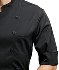 Men Half Sleeve Chef Coat In Soft Black Lightweight Stretch Jacket Breathable Kitchen Uniform featuring sleeve pocket detail.