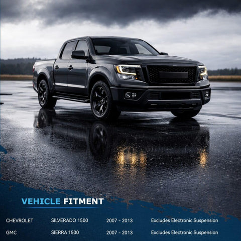2007-2013 Chevrolet Silverado 1500 on wet road, compatible with 2 Front Struts With Coil Springs And 2 Rear Shocks Replacement Suspension Kit