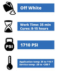 Product specifications for Two-Part Marine Grade Epoxy Adhesive Paste; off white color, 1710 PSI strength, various temp ranges.