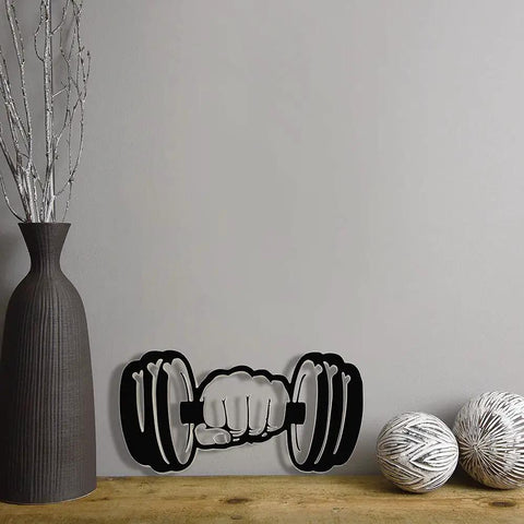 Dumbbell LED Wall Light Sign For Home Gym And Workout Room Decor Neon Style 3D Wall Lamp on wooden surface with vase nearby