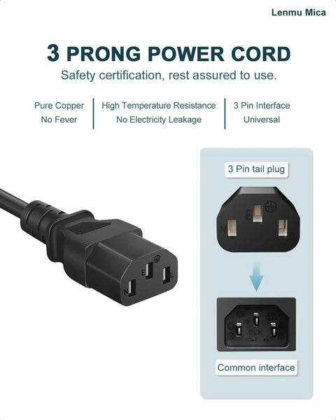 Universal 3 Prong AC Power Cord Replacement For Treadmills Vibration Plates Walking Pads And Ellipticals 6 Feet Long 18 AWG Heavy Duty Cable Built For Easy Install And Reliable Power On The Go image showing plug and sockets.