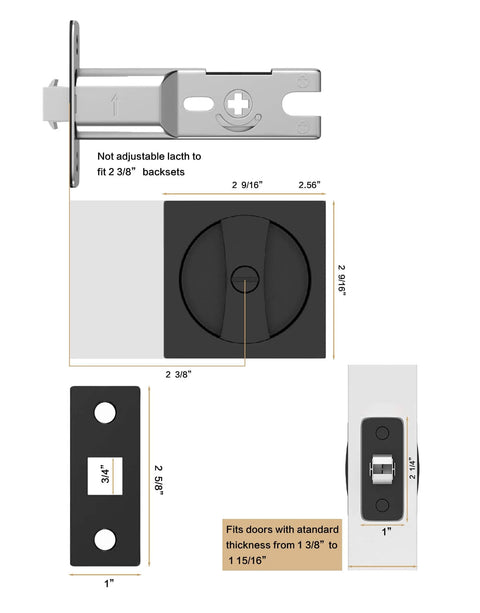 Matte Black Pocket Door Hardware Kit With Privacy Lock For Sliding Doors, Sleek Modern Square Pocket Door Lock And Latch, dimensions shown