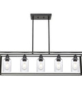 Five Light Kitchen Island Pendant Light With Seeded Glass In Matte Black, Modern Linear Chandelier For Dining Room