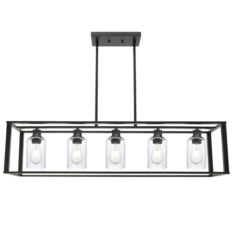 Five Light Kitchen Island Pendant Light With Seeded Glass In Matte Black, Modern Linear Chandelier For Dining Room