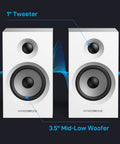 Front view of powered bookshelf speakers for desktop and gaming with Bluetooth 5.3 and 24 bit USB DAC, 3.5 inch woofer, white color