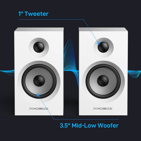 Front view of powered bookshelf speakers for desktop and gaming with Bluetooth 5.3 and 24 bit USB DAC, 3.5 inch woofer, white color
