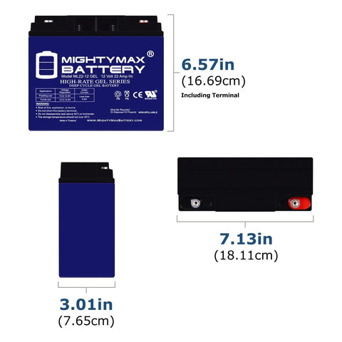 Heavy Duty 12V 22Ah Gel Battery For Electric Scooters And Stand N Ride Mobility Devices Rechargeable Maintenance Free Deep Cycle Cell dimensions displayed.
