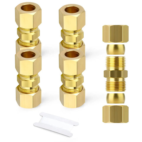 Beefy Brass Compression Tube Fittings Kit, 5/8 Inch Tube OD to 5/8 Inch Tube OD Connectors, 5 Pack, includes Teflon tape