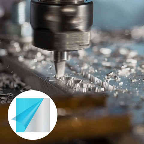 Close-up of 12x12 Inch Aluminum Sheet 1/16 Inch Thick 5052 H32 Plate with Double Protective Film being cut, showcasing smooth surface.