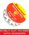 Tape Measure Stix With Easy To Attach Adhesive Backing Mounts On Work Bench Saw Table Or Drafting Table For Quick At A Glance Measurements Three Quarter Inch By Two Meters Six Feet English Metric With Left And Right Reading, coiled tape measure with red and yellow label.