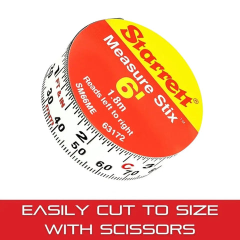 Tape Measure Stix With Easy To Attach Adhesive Backing Mounts On Work Bench Saw Table Or Drafting Table For Quick At A Glance Measurements Three Quarter Inch By Two Meters Six Feet English Metric With Left And Right Reading, coiled tape measure with red and yellow label.