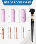 Air Cooled TIG Torch 150A Lift TIG with WP17V Plug accessories including cups, collets, and collet bodies with dimensions.