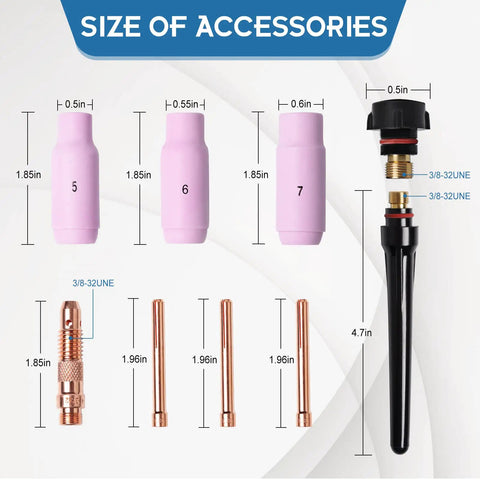 Air Cooled TIG Torch 150A Lift TIG with WP17V Plug accessories including cups, collets, and collet bodies with dimensions.