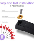 Indexable Lathe Turning Tool Kit With 3 By 8 Inch Shank 10mm, includes 8 wrenches, screw, alloy blade, and toolholder. Easy and fast installation.