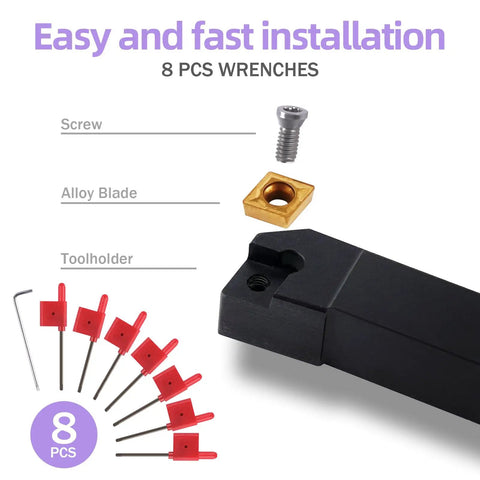 Indexable Lathe Turning Tool Kit With 3 By 8 Inch Shank 10mm, includes 8 wrenches, screw, alloy blade, and toolholder. Easy and fast installation.