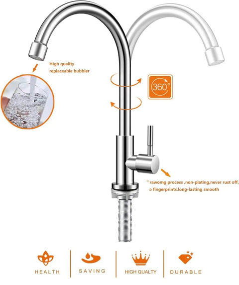 Straight Up Brushed Nickel Cold Water Faucet Single Handle Single Hole Setup For Kitchen Or Outdoor Use Built Heavy Duty With Lead Free Stainless Steel And Extended Threaded Rod For Hassle Free Install.