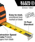 Close-up of tape measure from Electrician Tool Kit 14-Piece With Hand Tools And Eye Protection In 8-Pocket Leather Pouch, showing blade features.