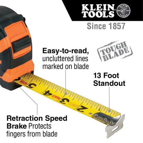 Close-up of tape measure from Electrician Tool Kit 14-Piece With Hand Tools And Eye Protection In 8-Pocket Leather Pouch, showing blade features.