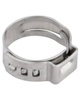 Front view of ISPINNER single-ear stepless hose clamp, 304 stainless steel, 10.3-12.8mm.