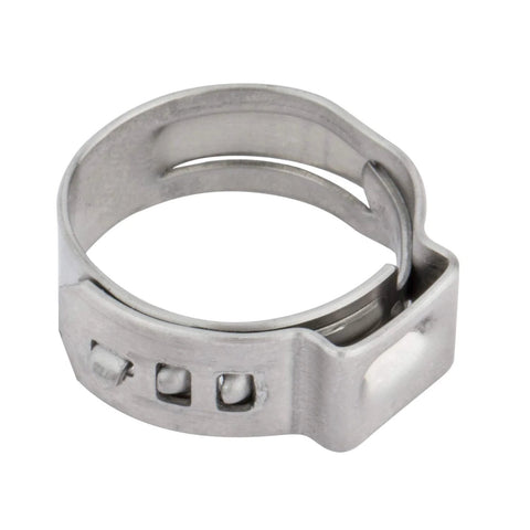 Front view of ISPINNER single-ear stepless hose clamp, 304 stainless steel, 10.3-12.8mm.