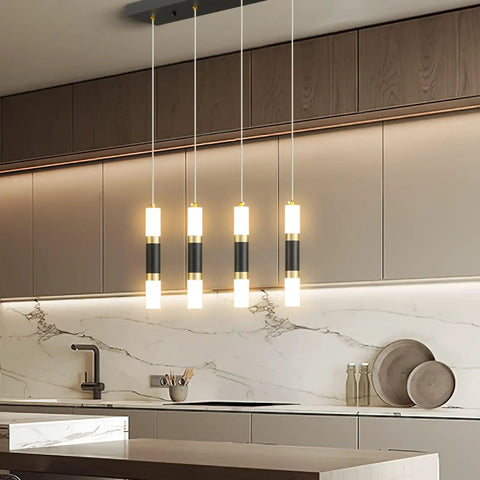 Four Light Modern Pendant Light For Kitchen Island With Dimmable LED Black And Gold Finish Contemporary Dining Room Ceiling Fixture