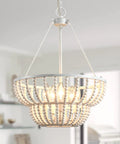5 Light Beaded Chandelier With Rustic White Wood Beads Farmhouse Boho Ceiling Light Fixture for foyer.